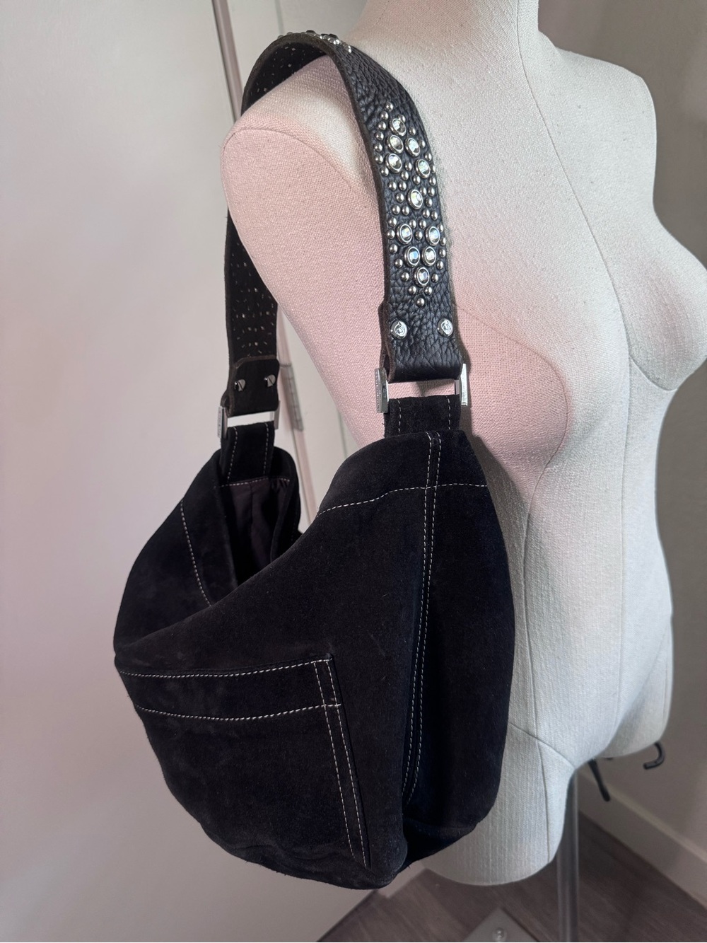 Tylie Malibu Black Studded Strap Suede Hobo Bag Y2K